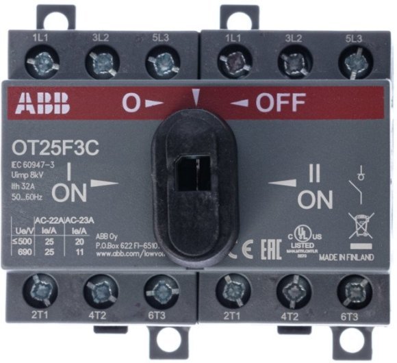 Реверсивный рубильник OT25F3С до 25А 3х-полюсный для установки на DIN-рейку или монтажную плату (с резерв. ручкой), 1SCA104863R1001 в Петрозаводске Реверсивный рубильник OT25F3С до 25А 3х-полюсный для установки на DIN-рейку или монтажную плату (с резерв. ручкой), 1SCA104863R1001 в Петрозаводске